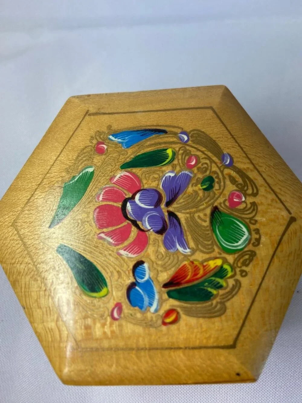 Vintage Polygon Shaped Wooden Trinket Box Painted Lacquer Floral Folk Art  1970s